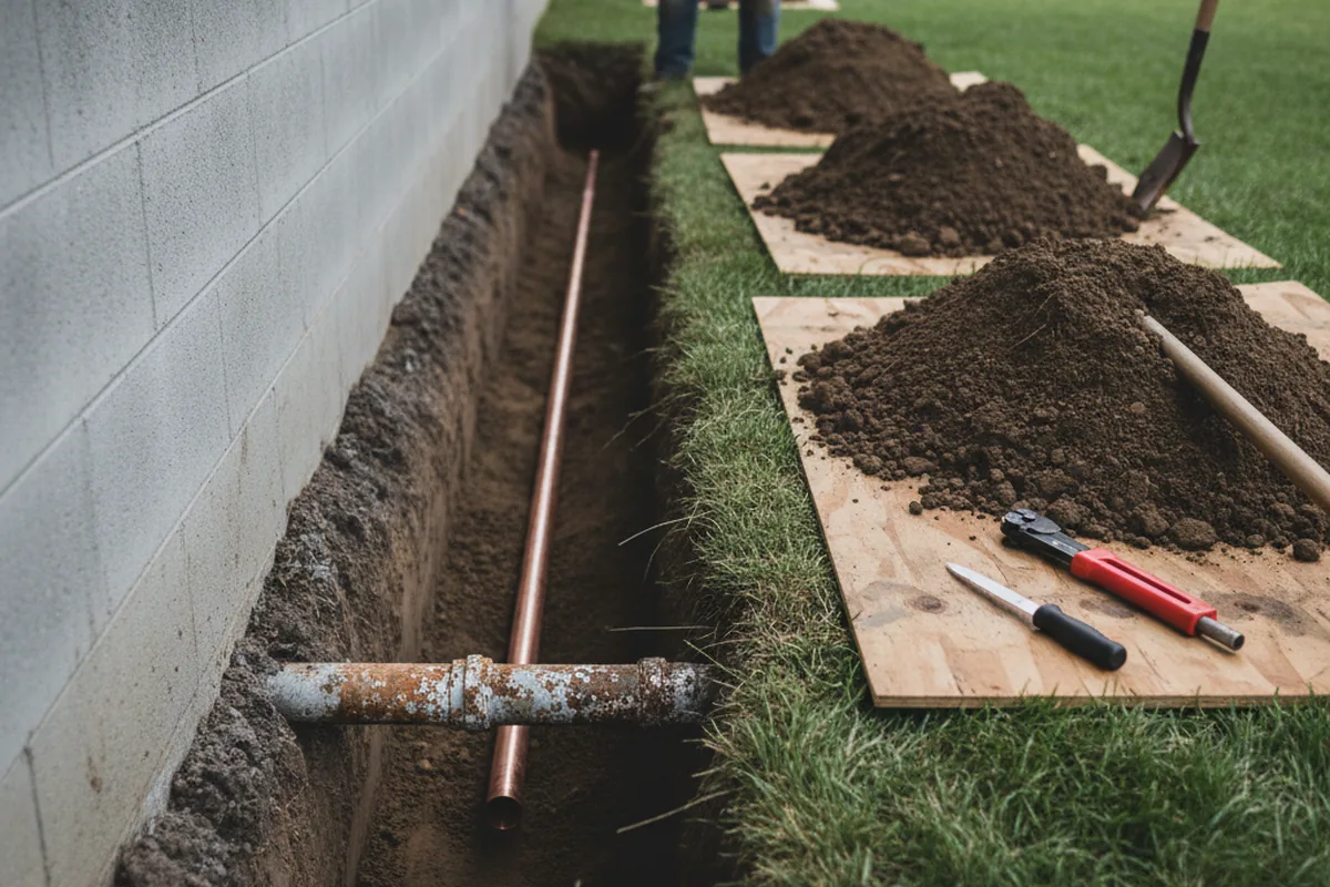 Excavated water line trench during Sewer Line Repair in Edison